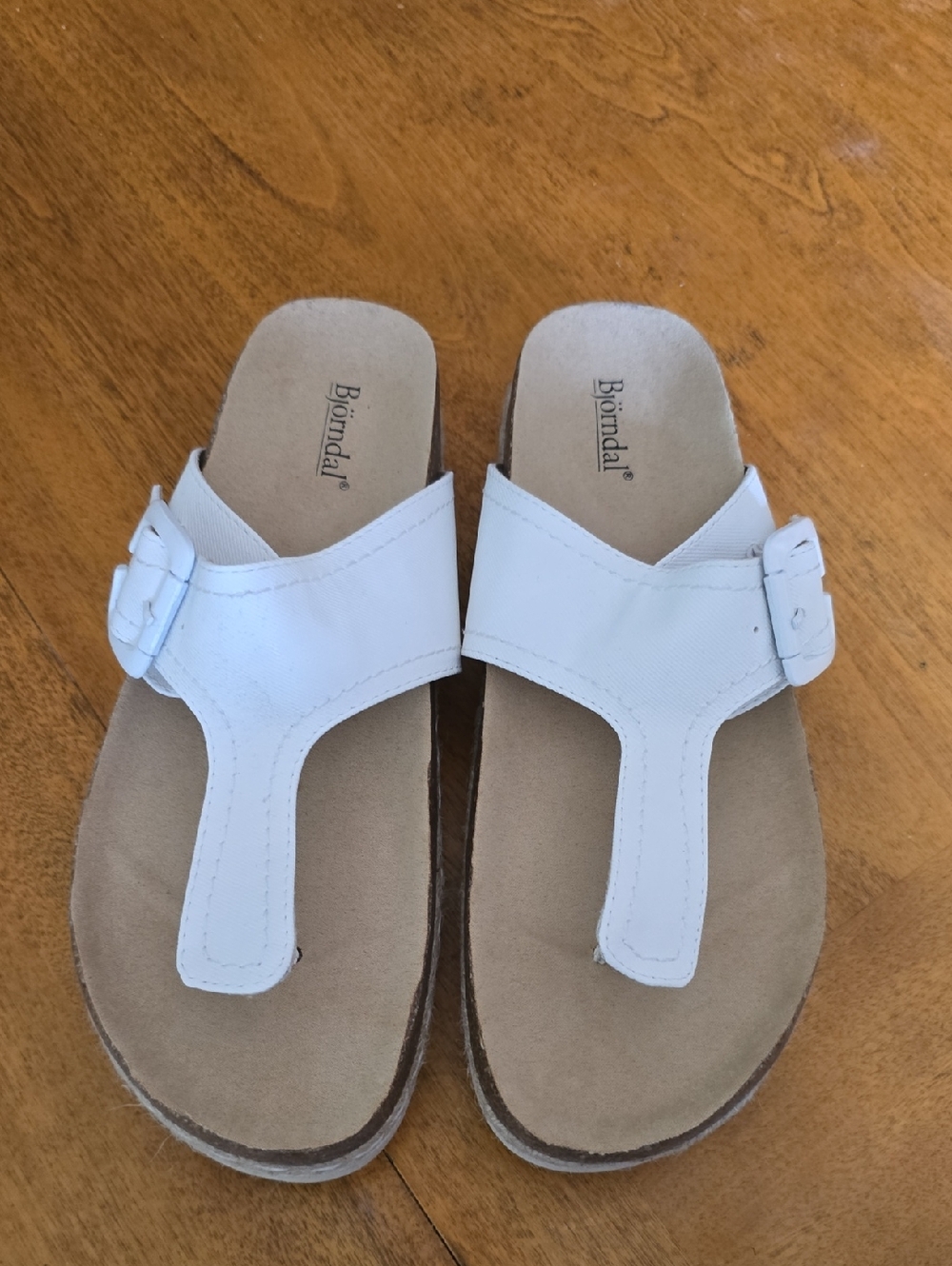 Bjorndal Penelope White and Tan Women's T-strap Slide Sandals Size 10